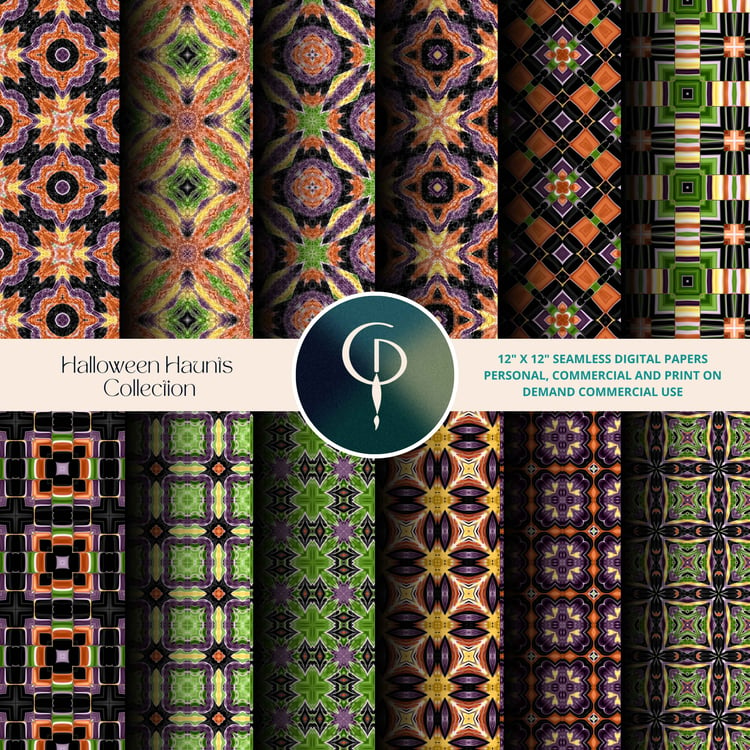 a collection of twelve geometric seamless patterns in the halloween haunts color palette