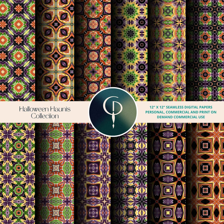 another collection of twelve geometric seamless patterns in the halloween haunts color palette