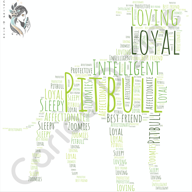 Digital art of a pitbull dog created with words, showcasing unique word art t-shirt design for dog lovers.