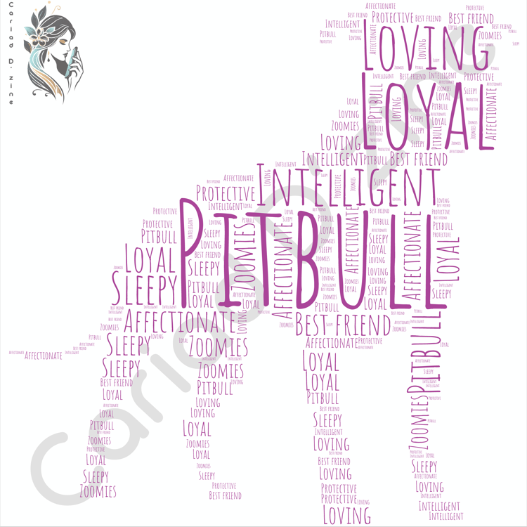 Digital art of a pitbull dog created with words, showcasing unique word art t-shirt design for dog lovers.