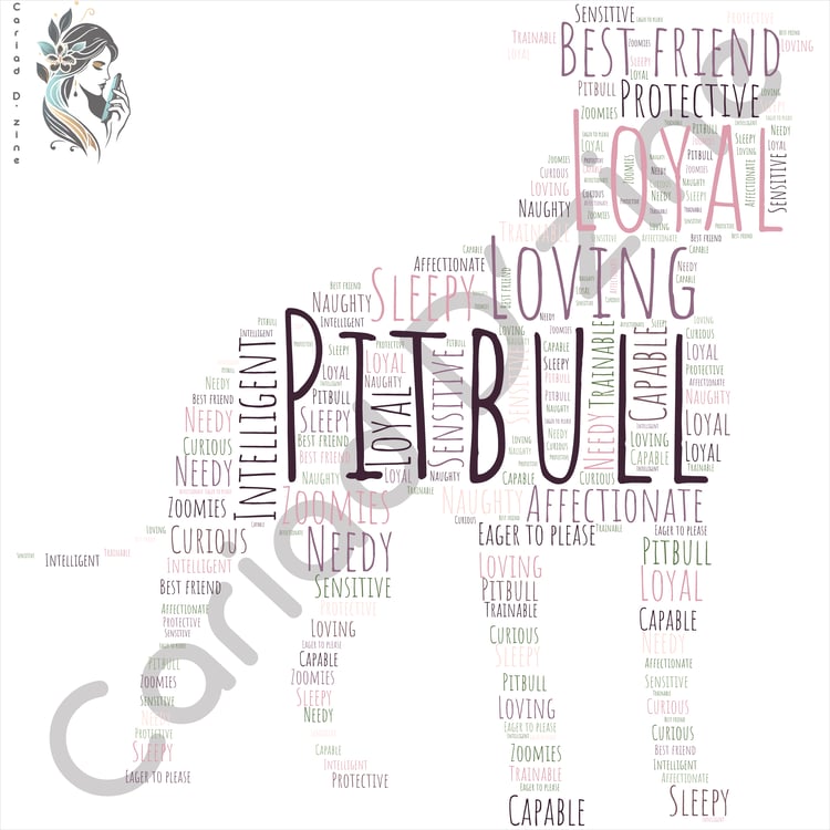 Digital art of a pitbull dog created with words, showcasing unique word art t-shirt design for dog lovers.