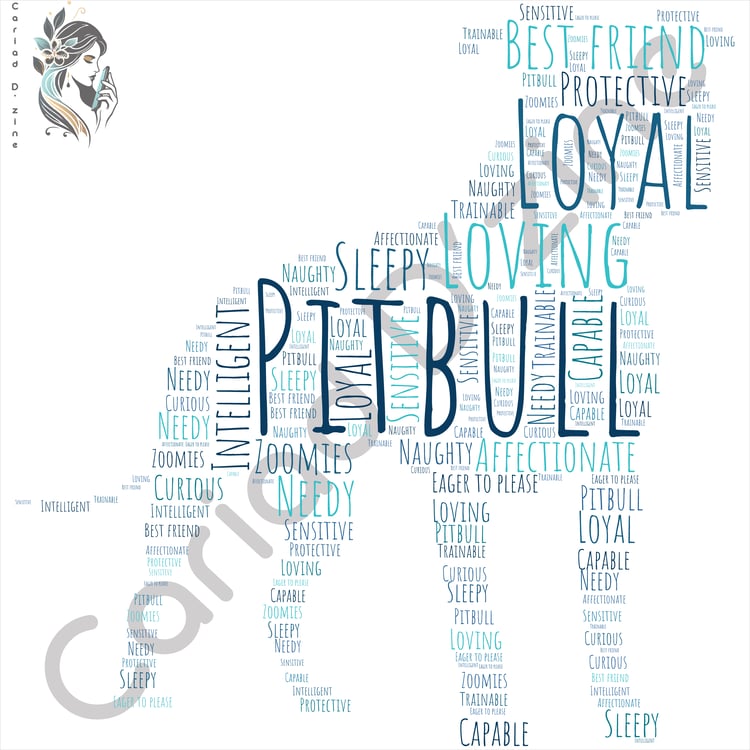 Digital art of a pitbull dog created with words, showcasing unique word art t-shirt design for dog lovers.