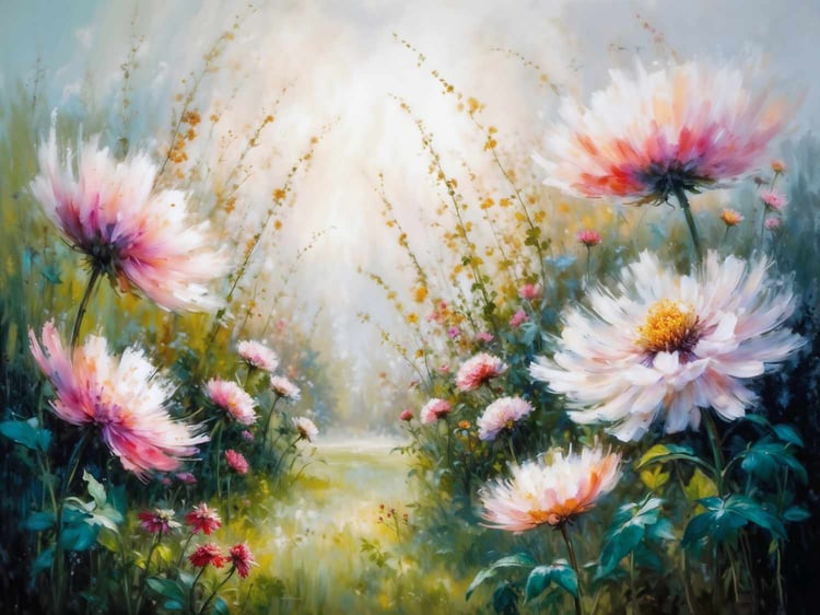 Sunlit Daisy Dreamscape: A Tranquil Garden in Bloom Art Print Image of a spectacular Garden