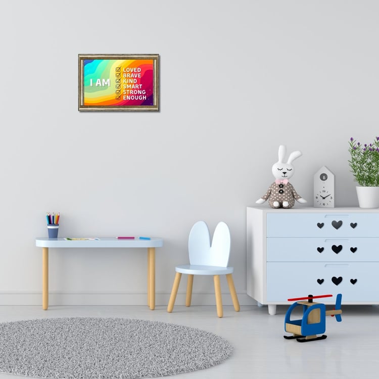 Self-affirmation, positivity, self-love, confidence, inspirational, empowering, vibrant colors, rainbow background, bold text, affirming adjectives, loved, brave, kind, smart, strong enough, checkboxes, inner strength, emotional well-being, motivational,