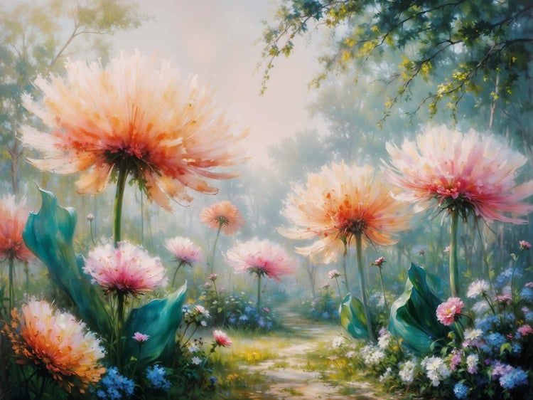 Enchanted Garden Path: A Journey Through Giant Blooms Art Print Image of a fantasy garden where flowers are as big as a house