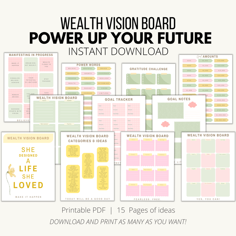 Wealth Vision Board, Power Up your Future, image of 11 mockups of personal finance vision board kit