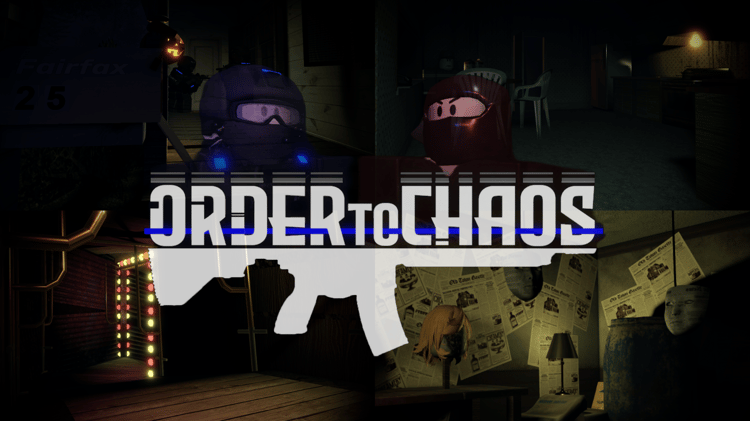 Promotional image for the game Order to Chaos featuring masked characters in various dark, atmospheric settings with the games title prominently displayed in the center. The scene includes a tactical police unit, a dimly lit kitchen, a colorful corrido