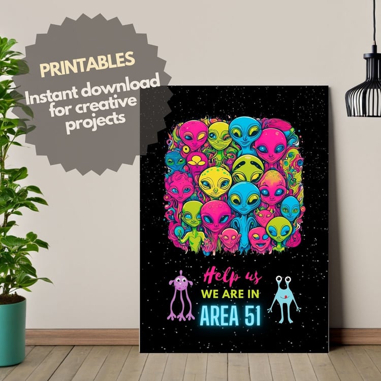 Colorful cartoon alien faces, Area 51 poster, Extraterrestrial expressions, Vibrant space creatures, Whimsical pop art design, Retro style illustration, Playful sci-fi characters, Distress message artwork, Humorous alien encounter, Starry night backdrop,