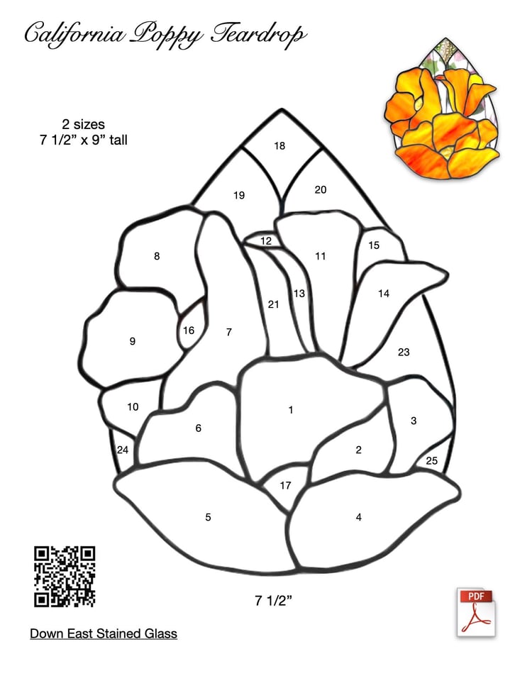 California Poppy Teardrop Stained Glass Pattern