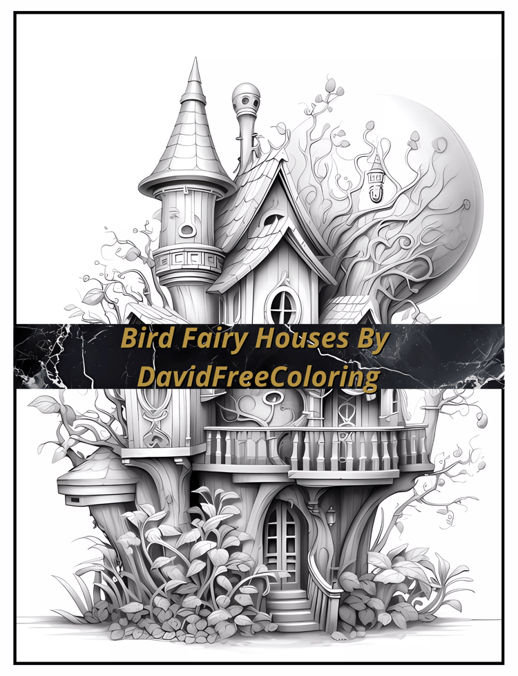 50 Bird Fairy Houses Coloring Book Fairy Homes Image for Adult Coloring Page Houses printable coloring book gift for adult PDF Download PNG