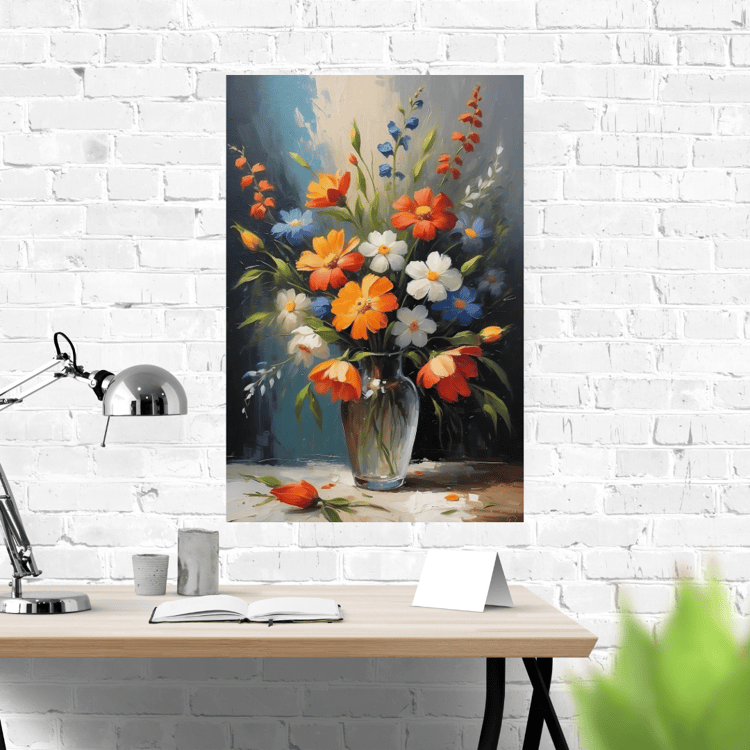 Poster with flowers in oil, Poster with bright flowers, Flowers for home decor, Poster bouquet of flowers, Flowers in a vase poster, Flowers