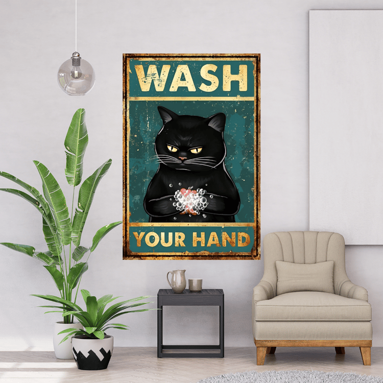 Poster Vintage with Cat, Wash Your Hands Black Cat Poster, Funny Black Cat Poster, Vintage Style Poster, Cat Lover Gift,Funny Bathroom Decor