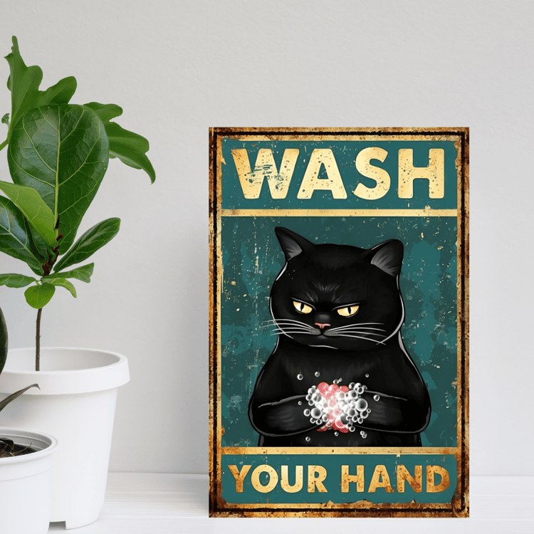 Poster Vintage with Cat, Wash Your Hands Black Cat Poster, Funny Black Cat Poster, Vintage Style Poster, Cat Lover Gift,Funny Bathroom Decor