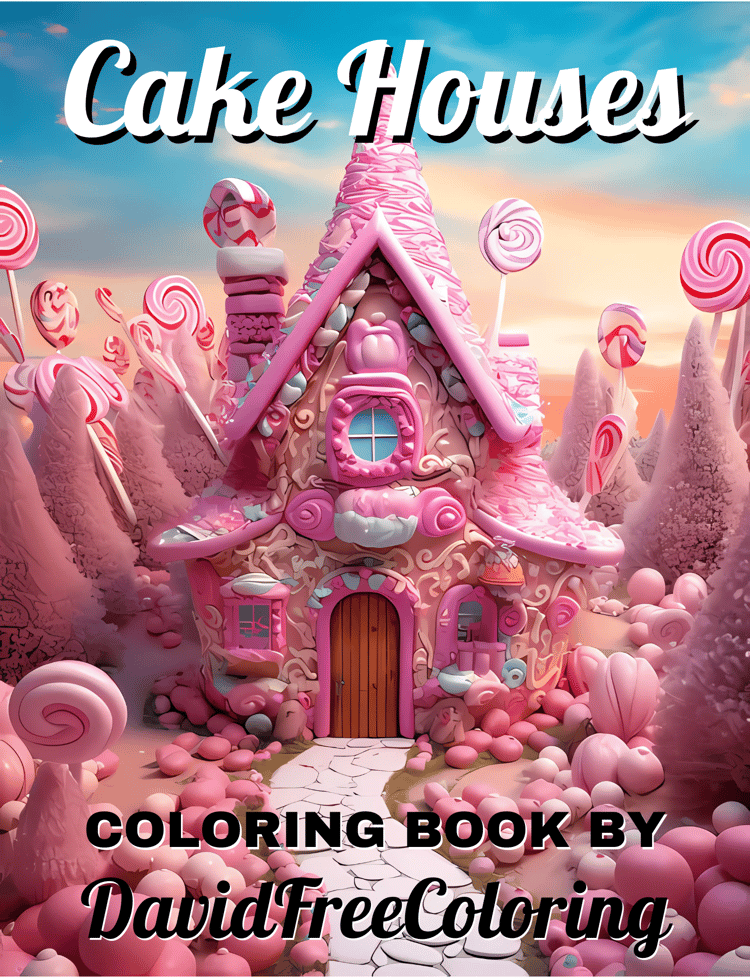 50 Cake Houses Coloring Book Fantasy House Image for Adult Coloring Page Candy House printable coloring book gift for adult PDF download PNG