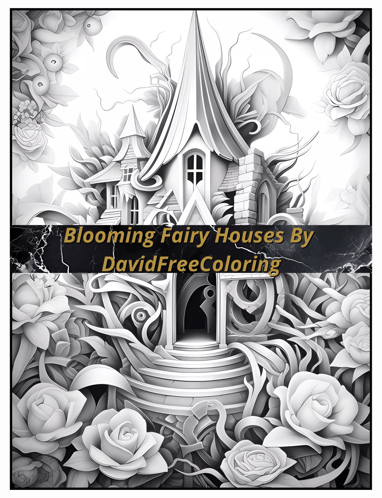 50 Blooming Fairy Houses Coloring Book Home Image for Adult Coloring Page Fairy Home printable coloring book gift for adult PDF download PNG