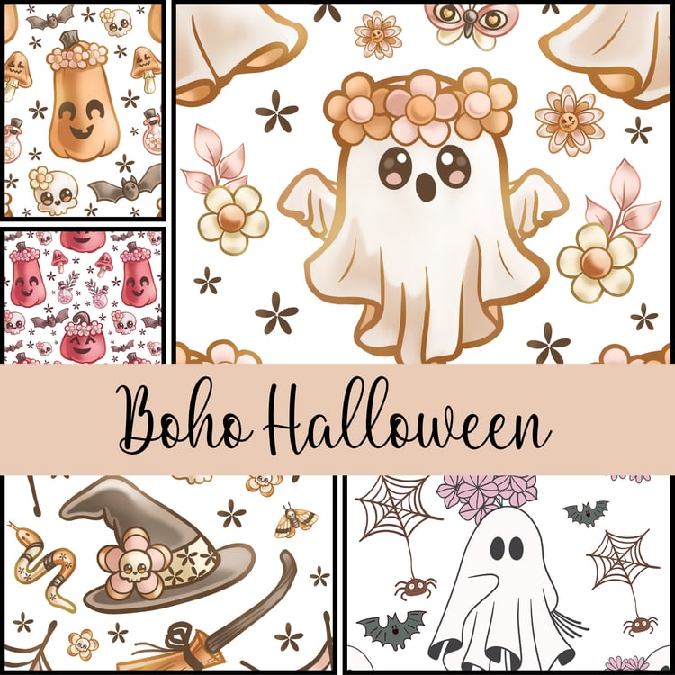 Boho Halloween, seamless digital patterns, cute Halloween, Halloween floral patterns, boho ghost, floral pumpkin, witch hat design, Halloween backgrounds, digital paper, scrapbooking, whimsical Halloween, boho decor, Halloween fabric design, spooky chic,