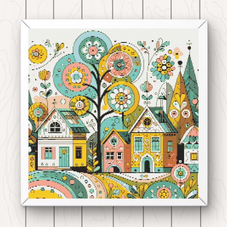 houses flowers and trees cross stitch pattern
