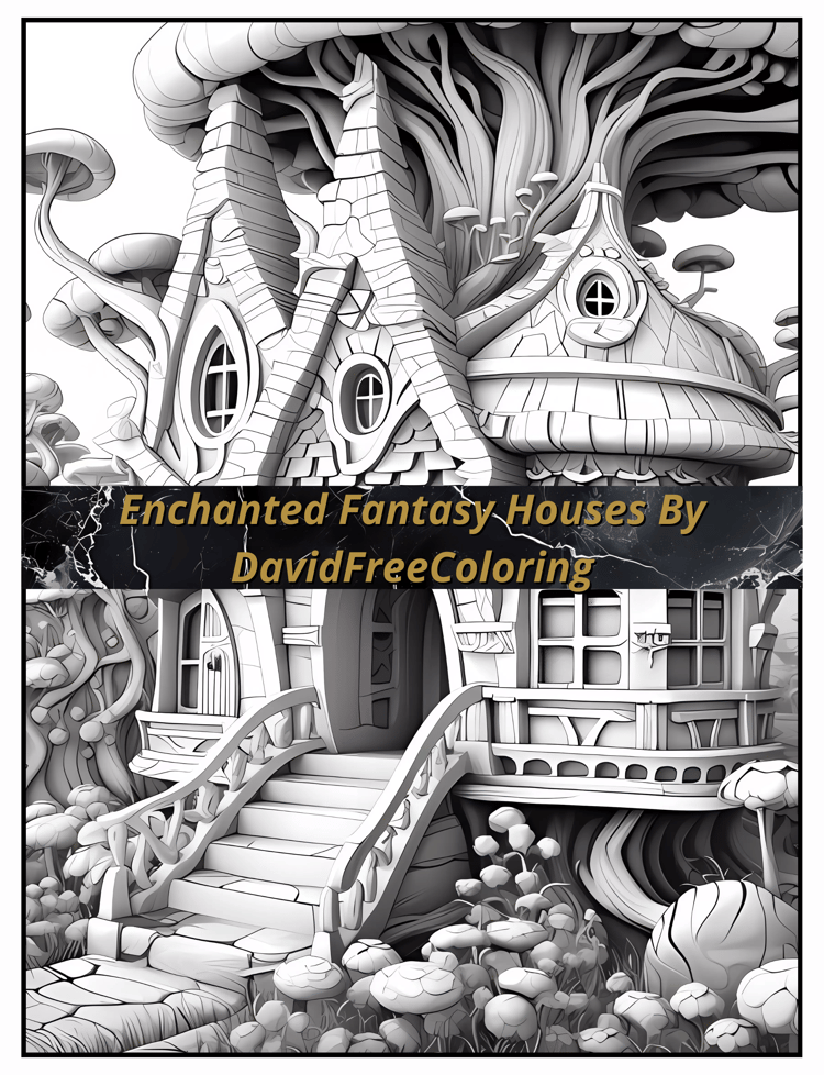 100 Enchanted Fantasy Houses Coloring Book Images for Adult Coloring Pages Houses printable coloring book gift for adult PDF Download PNG