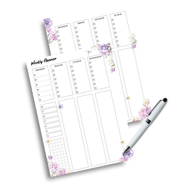 Purple Floral Weekly Planner | A5 Printable | Instant Download PDF | Priority & Notes