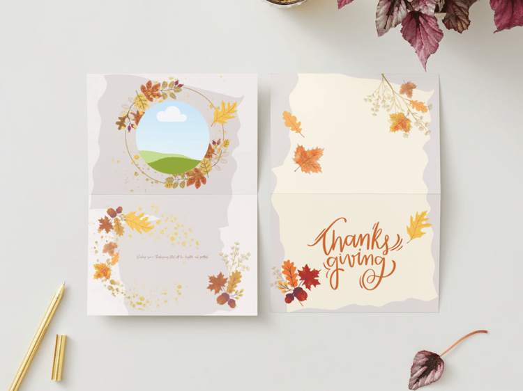 Customizable Pastel Fall Design Folded Card Landscape | Digital Canva Template. Mock outside and inside view