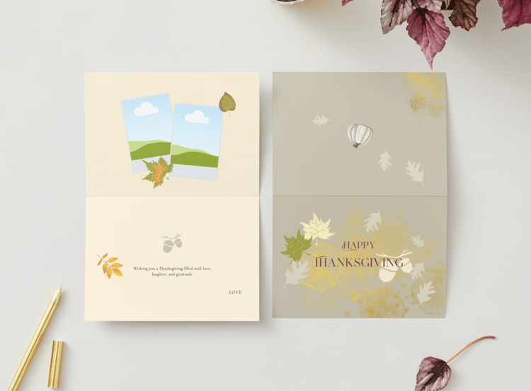 Customizable Minimalist Autumn Leaves Folded Card Landscape | Digital Canva Template. Mock outside and inside
