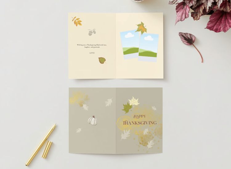 Customizable Minimalist Autumn Leaves Folded Card Portrait | Digital Canva Template. Mock outside and inside