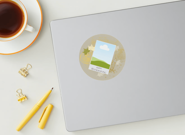 Customizable Minimalist Autumn Leaves Circle Sticker | Digital Canva Template. Mock sticker on laptop