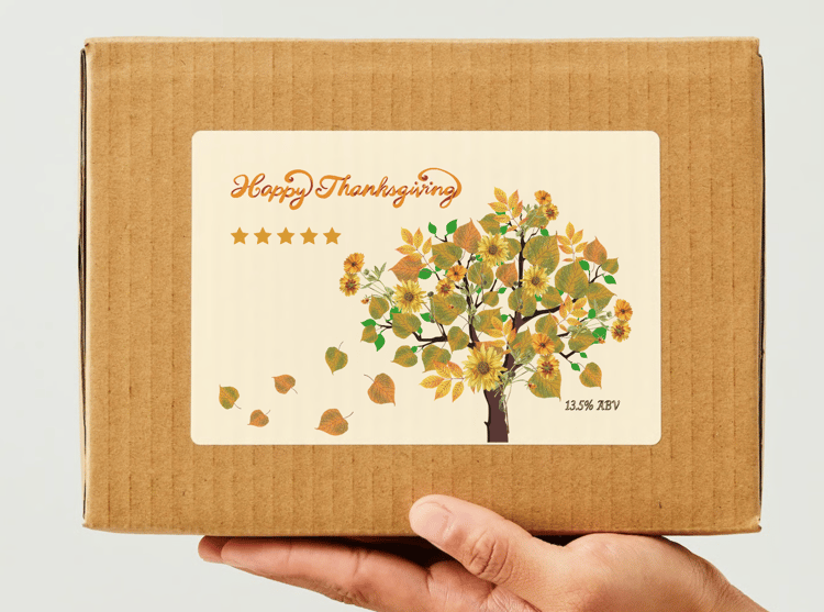 Customizable Abundant Vibrant Tree Sticker Label 6"x4" | Digital Canva Template. Mock sticker on a box