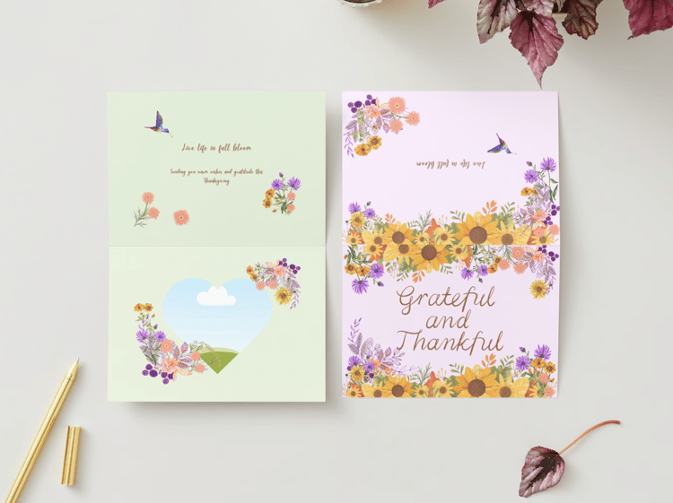 Customizable Vibrant Floral Abundance Folded Card Landscape | Digital Canva Template. Mock outside and inside view