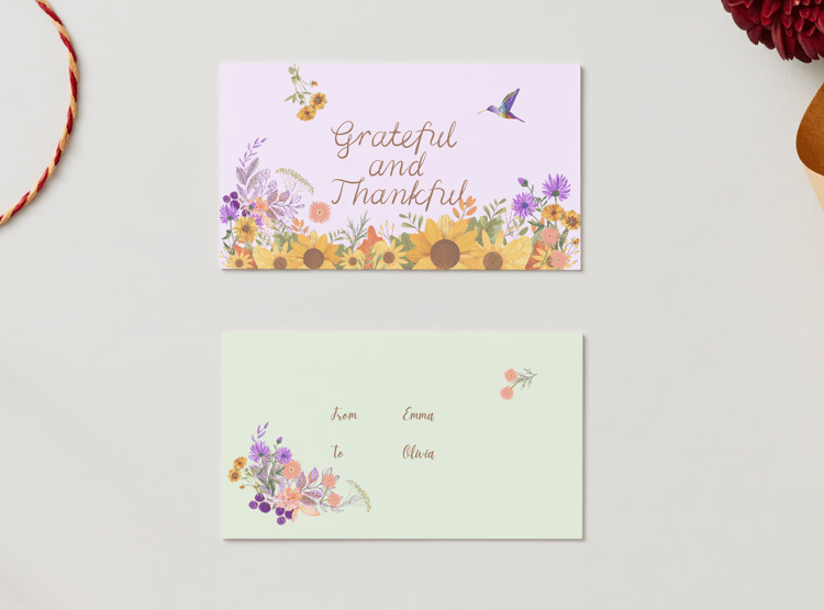 Customizable Vibrant Floral Abundance Gift/Favor Tag| Digital Canva Template. Mock card with front and back view
