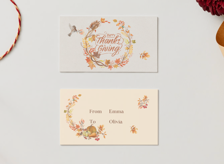 Customizable Earth Tone Autumn Wreath Gift/Favor Tag| Digital Canva Template. Mock card front and back view