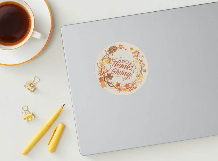 Customizable Earth Tone Autumn Wreath Circle Sticker | Digital Canva Template. Mock sticker on laptop