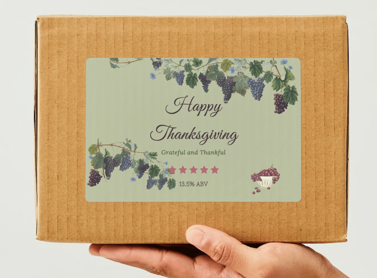 Customizable Elegant Grape Harvest Sticker Label 6"x4" | Digital Canva Template. Mock sticker on box