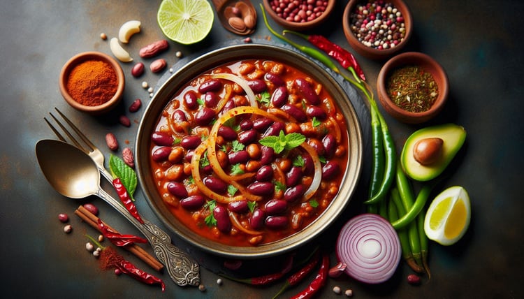 Printable recipe card for Rajma Masala, a hearty kidney bean curry, featuring vibrant visuals of the dish and ingredients.