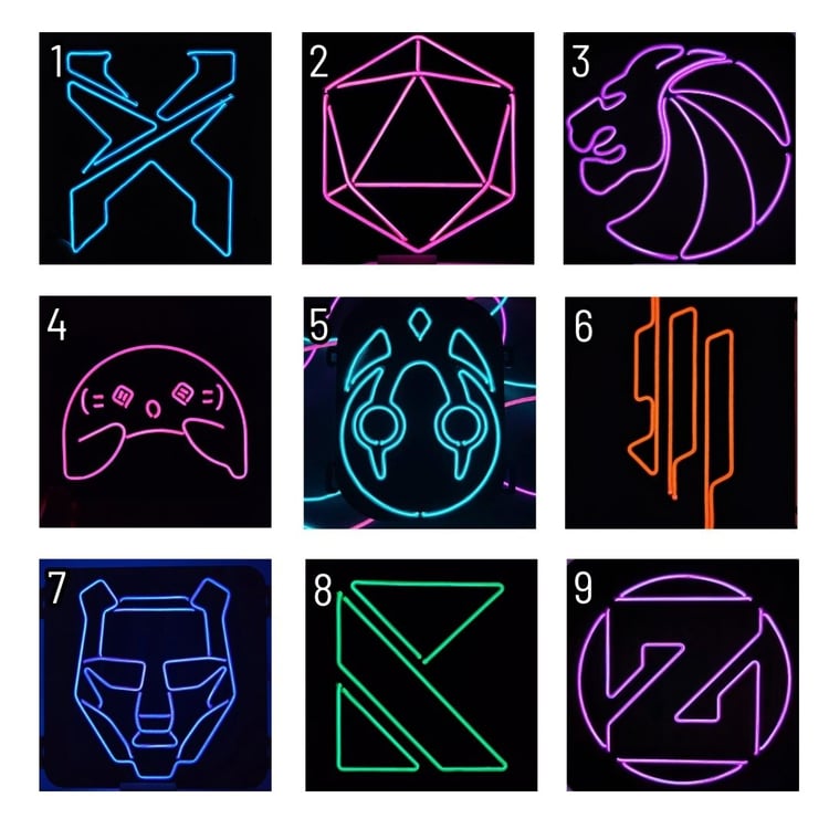 A 3x3 grid displaying nine different LED EL wire panel designs, each numbered 1 through 9. The panels are illuminated in various neon colors against a black background