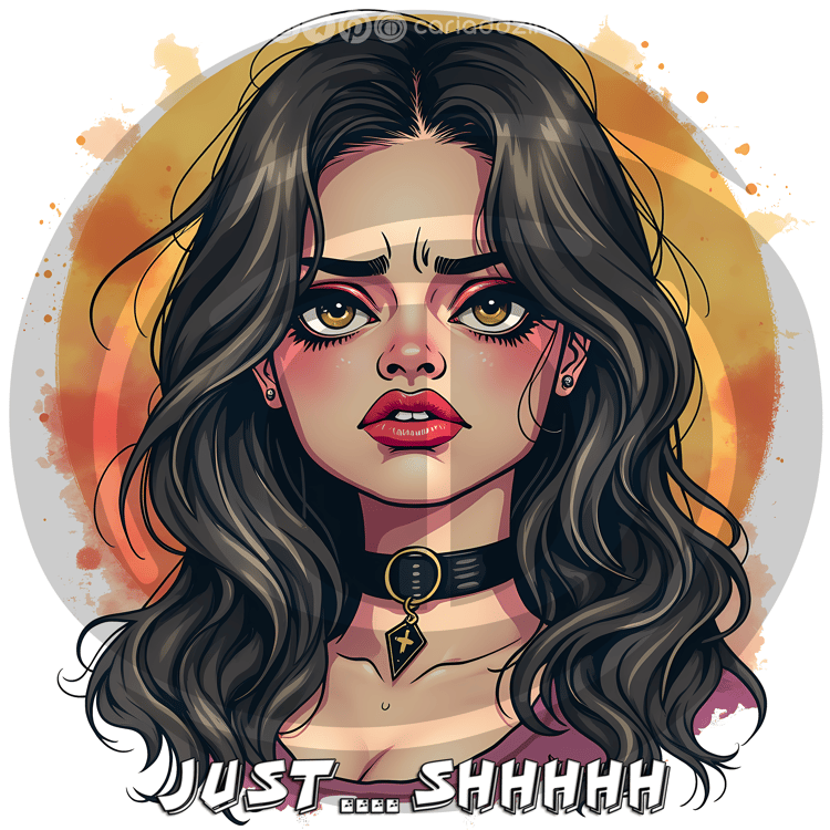 Pop art woman portrait, intense gaze, Just Shhhh text, stylish artwork, edgy fashion design.