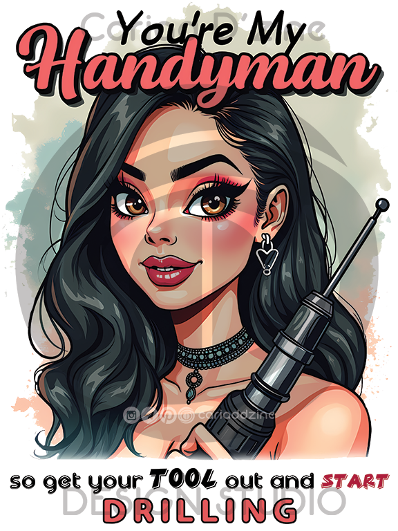 cartoon woman, DIY projects, home improvement, playful illustration, power drill, humorous art, bright colors, handyman, creative design, tool graphic, tshirt design