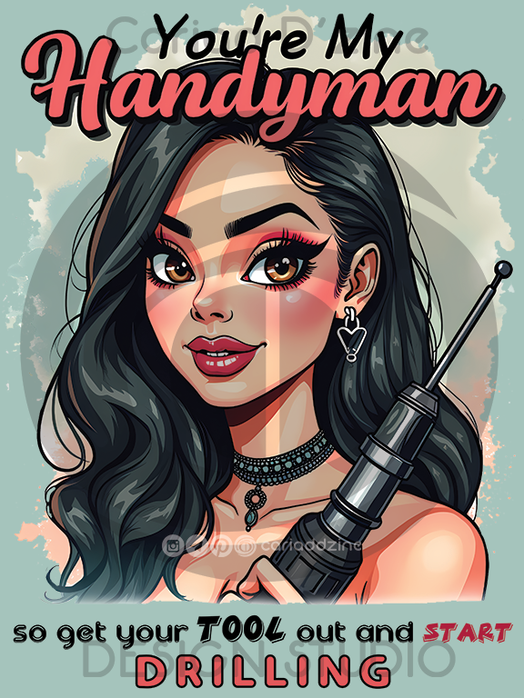 cartoon woman, DIY projects, home improvement, playful illustration, power drill, humorous art, bright colors, handyman, creative design, tool graphic, tshirt design