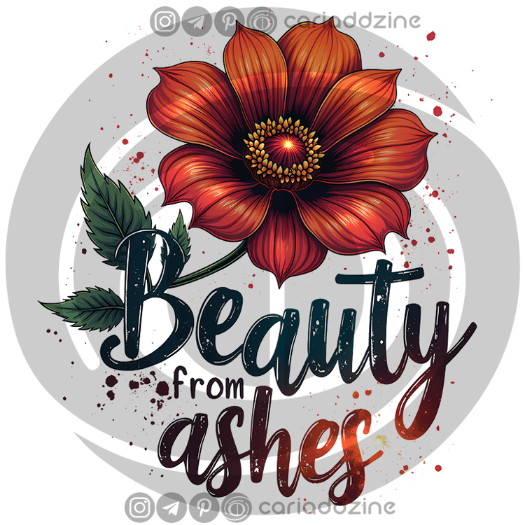 ed flower, beauty from ashes, resilience art, floral design, dynamic background, artistic splatters, intricate petals, growth and renewal, inspirational artwork, nature illustration
