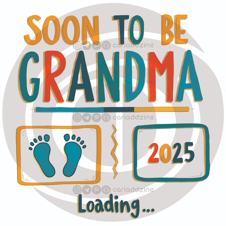soon to be grandma, pregnancy announcement, colorful design, baby shower decor, whimsical art, grandparent announcement, 2025 baby, hand-drawn style, baby footprints, joyful celebration