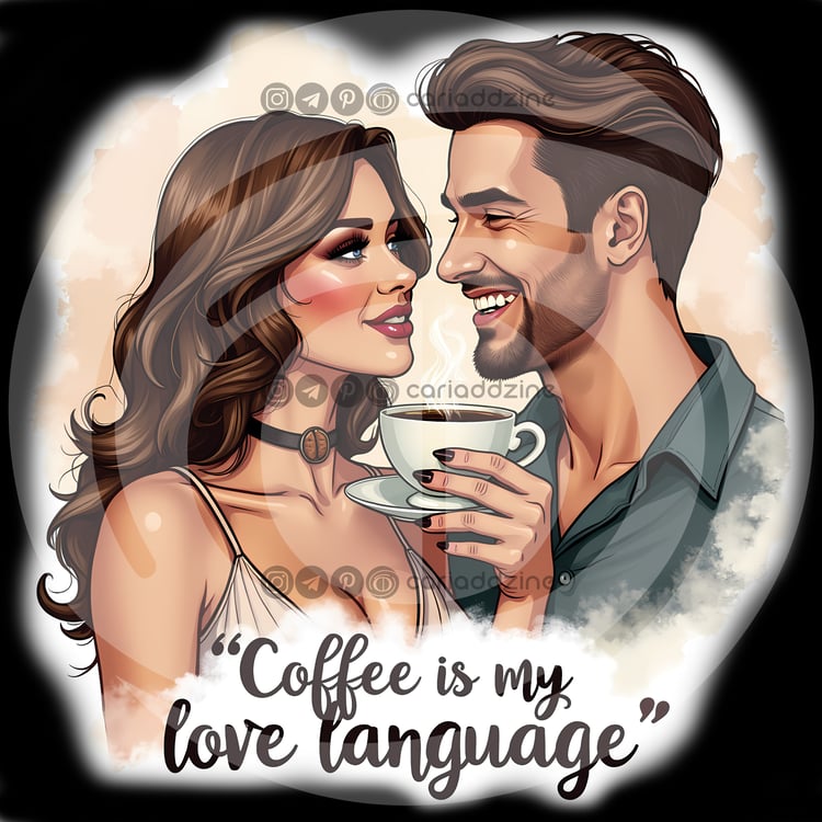 romantic coffee art, couple illustration, love language print, intimate moment artwork, digital download decor, peach watercolor background, coffee lovers gift, cozy relationship art, Cariad Dzine design, relationship gifts