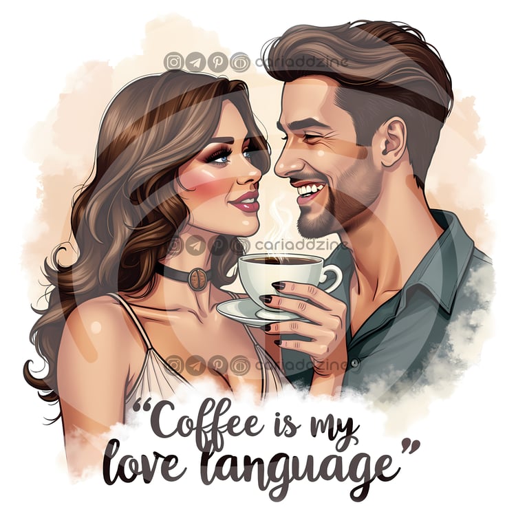 romantic coffee art, couple illustration, love language print, intimate moment artwork, digital download decor, peach watercolor background, coffee lovers gift, cozy relationship art, Cariad Dzine design, relationship gifts