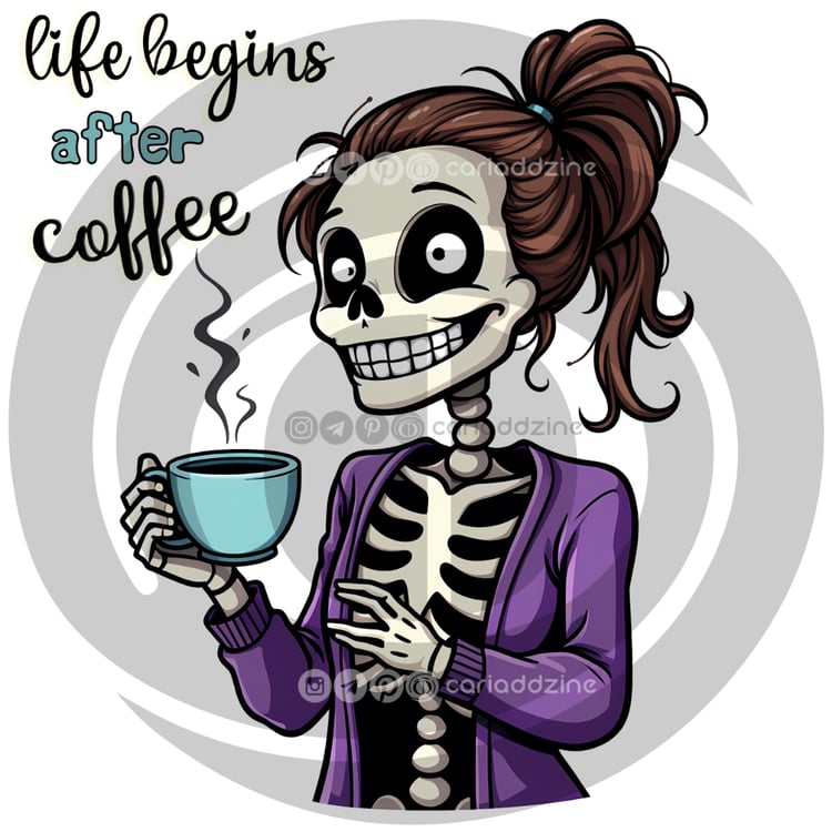 skeleton illustration, coffee lover art, humorous artwork, cartoon skeleton, quirky designs, purple cardigan, coffee quote art