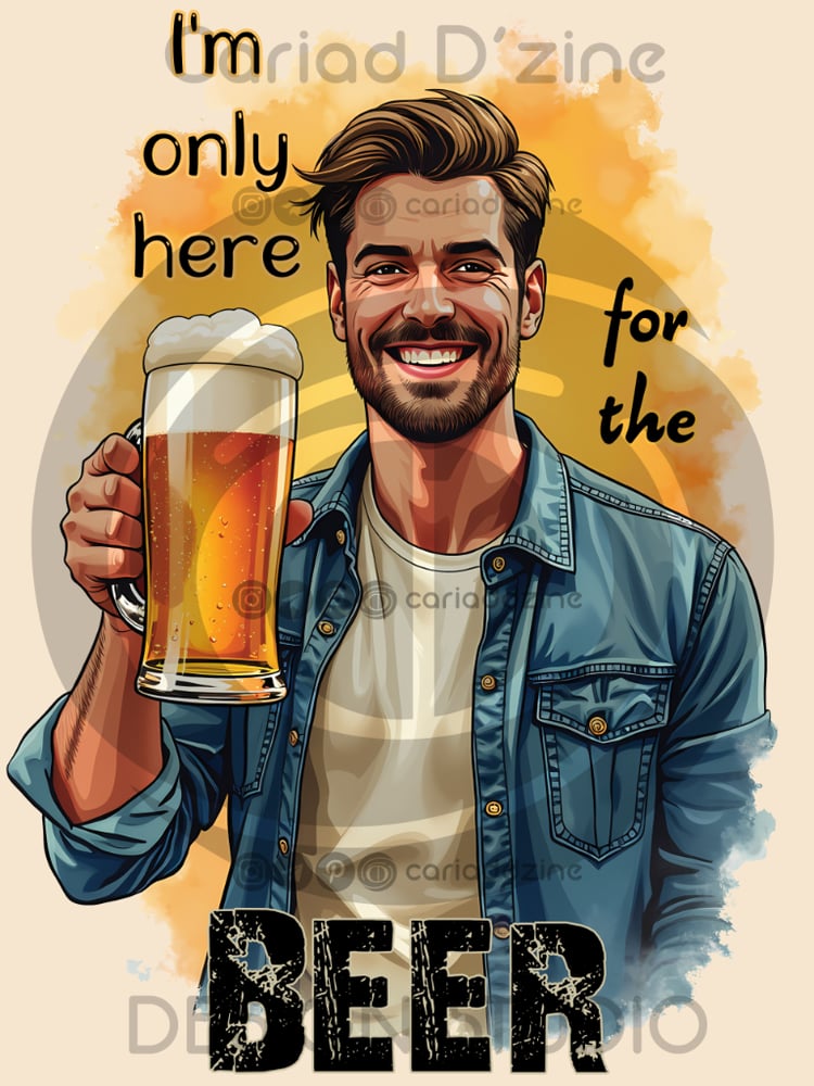 beer illustration, cheerful man, digital art, humorous design, Cariad Dzine design, colorful artwork, beer lover art, fun graphics, beer-themed decor