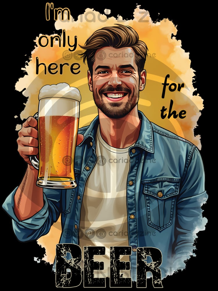 beer illustration, cheerful man, digital art, humorous design, Cariad Dzine design, colorful artwork, beer lover art, fun graphics, beer-themed decor