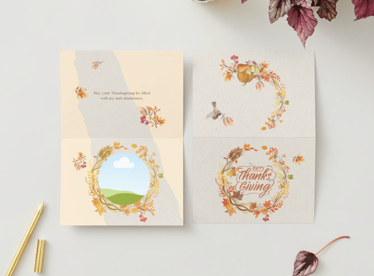 Earth Tone Autumn Wreath Canva Template Bundle | 6 Customizable Designs | Holiday Season Digital Download. Mock card landscape outside and inside views