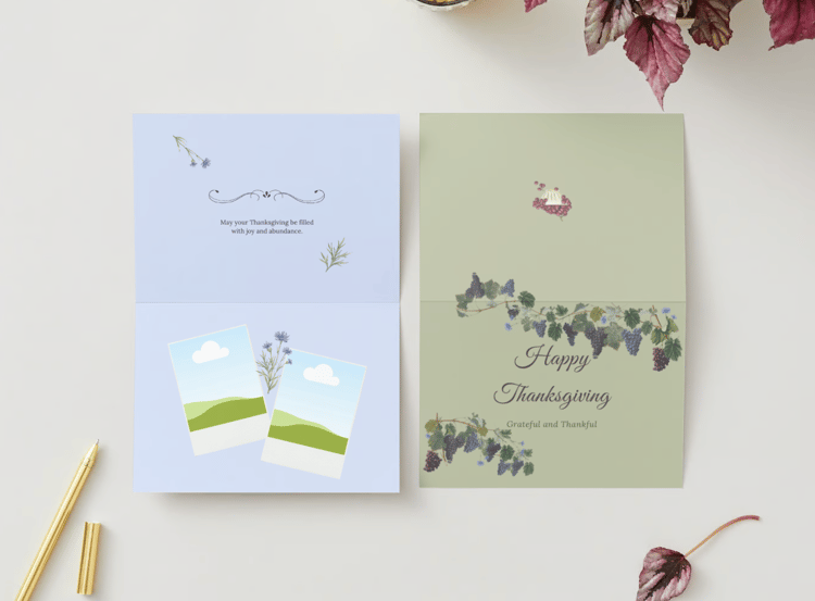 Elegant Grape Harvest Canva Template Bundle | 6 Customizable Designs | Holiday Season Digital Download. Mock card landscape outside and inside views