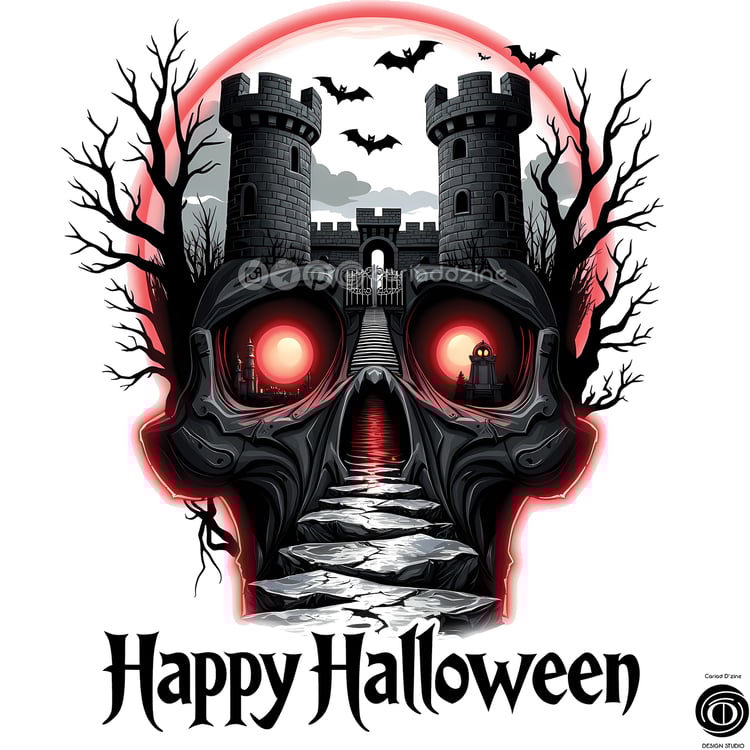 Halloween art, gothic design, skull illustration, spooky decor, Cariad Dzine design