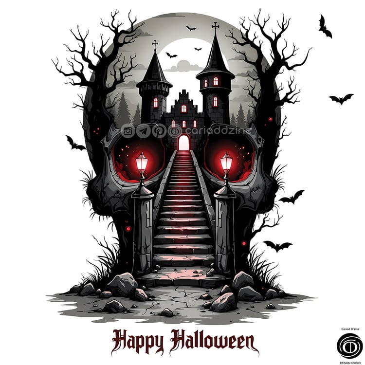 Halloween art, gothic design, skull illustration, spooky decor, Cariad Dzine design