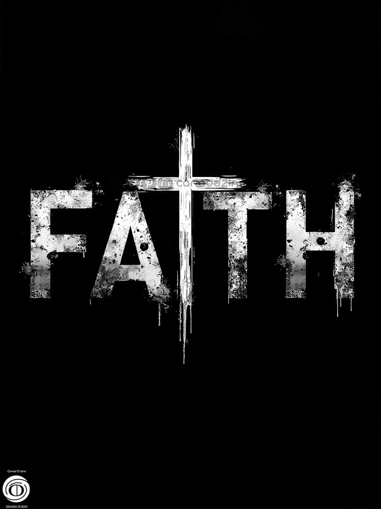 Faith art, religious typography, black and white design, spiritual artwork, Cariad Dzine design